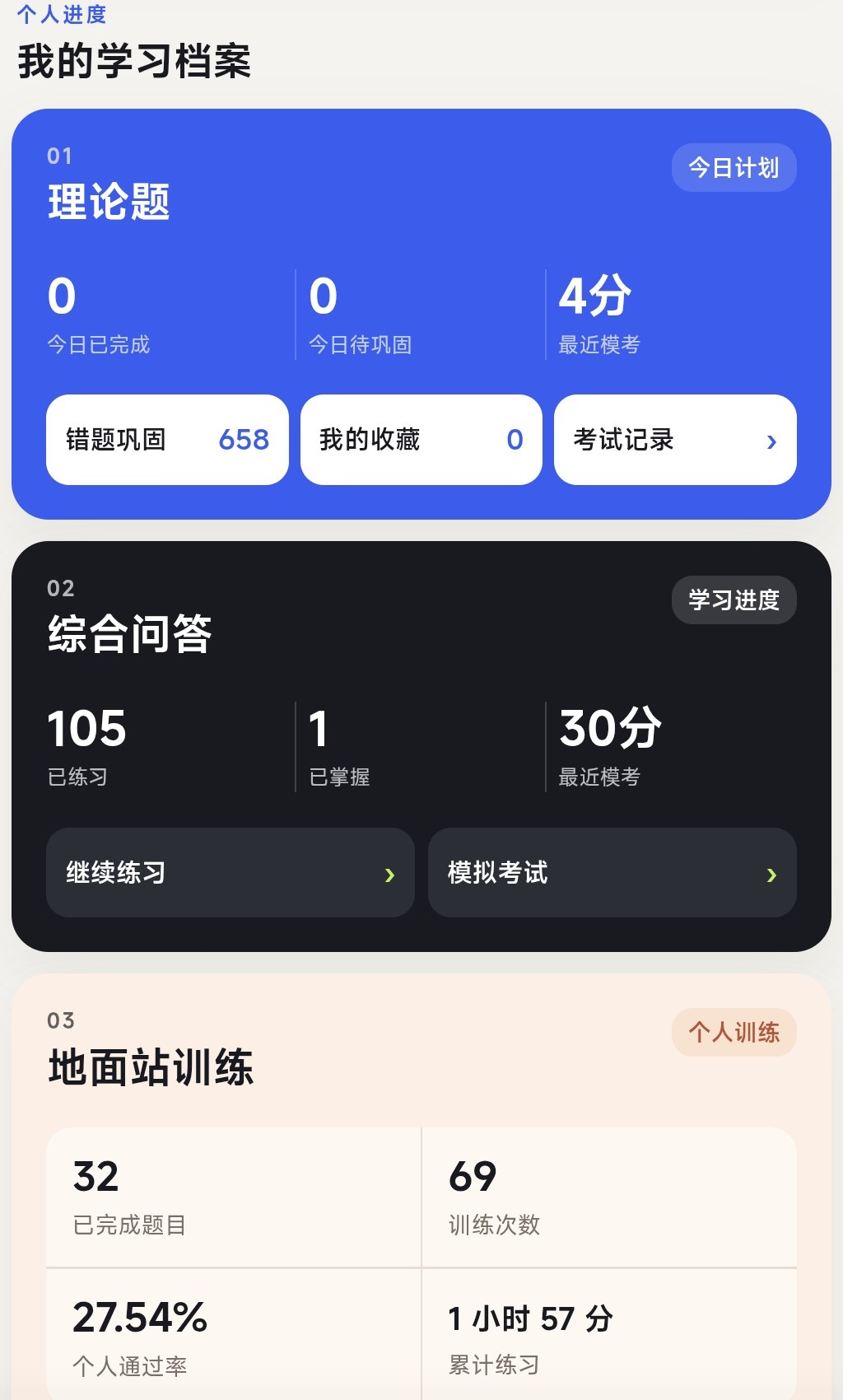 小程序个人学习档案，分别显示理论题、综合问答和地面站训练进度